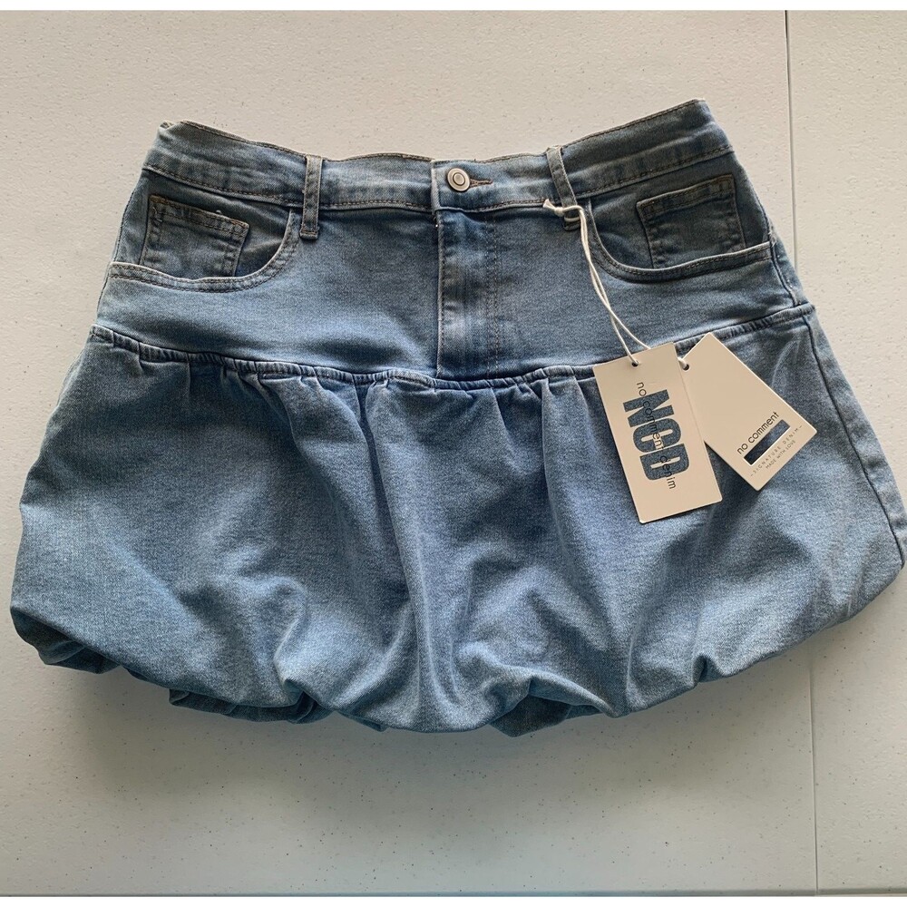 No Comment Light Wash Denim Bubble Hem Mini Skirt Size L Balloon Y2K